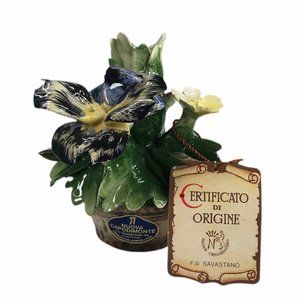 Capodimonte Nuova Porcelain Pansy Flowers Candlestick Holder Italy Marked w/Tag